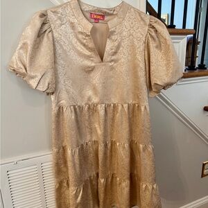 THML Champagne Brocade Tiered Puff-Sleeve Dress